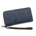 Vintage blue men's long PU leather wallet featuring a zipper and convenient wrist strap. - Blue