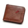 Retro brown faux leather men's short wallet featuring zipper closure and embossed logo - Zip-around Trifold / Light Brown