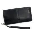Sleek black men's long PU leather clutch wallet featuring zipper and wrist strap - Style 2023-29 / Black