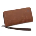 Vintage brown men's long PU leather zipper clutch wallet with wrist strap - Light Coffee