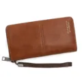 Classic brown PU leather men's long wallet with zipper and wrist strap - Style 2023-29 / Light Coffee