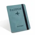 Protective teal PU leather RFID passport holder with travel wallet engraving and band - Light Blue (H001)