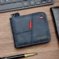 Portafoglio corto da uomo in pelle cerata blu con design patchwork e chiusura zip - Blu (D5541)