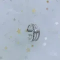 Detail view of a silver minimalist multi-layer open ring with dark stones on star mesh - Adjustable Open / Multi-layer Beaded Rhinestone Inlaid Style (J0029) / Antique Silver