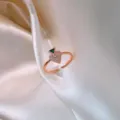 Elegant rose gold adjustable ring with a paved zircon heart and green stone - Heart Rhinestone Pave Style (J0004) / Adjustable Open
