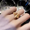 Elegant gold-plated toggle ring with sparkling paved zircons and a stylish chain-link band - T-Clasp Chain Structure Style (J0007) / Adjustable Open