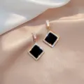 Elegant Korean style black square dangle earrings with rhinestone border in gold finish - Square Geometric Rhinestone Style (E1478)