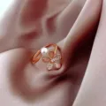 Elegant rose gold-plated adjustable ring featuring a pearl and zirconia flower charm - Five Petal Flower Pearl Style (J0017) / Adjustable Open