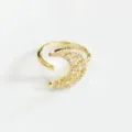 Elegant adjustable gold crescent moon open ring with shimmering cubic zirconia stones - Crescent Pave Rhinestone Gold Style (J0048) / Adjustable Open