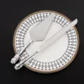 Gedetailleerd overzicht van roestvrijstalen taartschep met strass hart handvatten. - Wide head silver suit