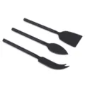 Detail view of 3-piece black stainless steel cheese knife and butter spreader tool set. - Black