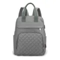 Stylish gray quilted diaper backpack with sage green handles, large capacity travel bag - Gray