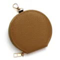 Minimalist round brown pebbled leather coin purse with golden zipper and lobster clasp - Yellow