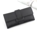 Elegant long tri-fold women's wallet in classic black faux leather with buckle closure - Black (R911)