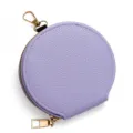 Compact purple round coin purse in pebbled faux leather with gold-tone zipper hook. - Purple