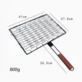 Portable rectangular fish grill basket with wooden handle, 41x27.5cm dimension specs - 54x41cm