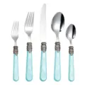 Vintage 5-delige RVS bestekset met lichtblauwe handgrepen van marmeren acryl glas - 5-delige set