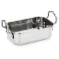 Primer plano de una bandeja cuadrada de acero inoxidable con asas dobles decorativas - 147x97x48mm / Plateado