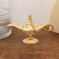 Retro metal Aladdin magic lamp, pink enamel decorative ornament, vintage European desktop decor - Gold White