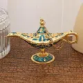 Vintage metal Aladdin magic lamp ornament, retro European style decorative wishing lamp for home. - Gold & Light Blue