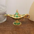 Vintage metal Aladdin magic lamp retro wishing lamp gold and green art ornament home decor - Gold Green