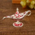 Vintage metal Aladdin magic lamp ornament, small 12cm red silver wishing lamp decor. - Red White
