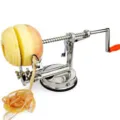 Stainless steel manual apple peeler machine detail view, 3-in-1 fruit slicer and corer tool. - Apple Peeler / Silver White