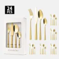 Ménagère 24 pièces en acier inoxydable doré avec texture ondulée élégante en coffret cadeau - Texture Pierre Latérale (Ensemble de 24 Pièces) / Or