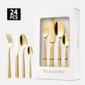 Elegantes 24-teiliges Edelstahl-Besteckset mit Goldfinish und Griffen in Steinstruktur - Mittlere Steintextur (24-teiliges Set) / Gold