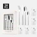 Premium 24-teiliges Edelstahl-Besteckset mit Griffen im Stein-Struktur-Design - Seitliche Steintextur (24-teiliges Set) / Silber