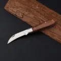 Folding mushroom knife with wooden handle and curved stainless steel hawkbill blade - Model 4024IW Pointed Blade