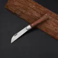 Folding garden knife with wooden handle and curved stainless steel blade for harvesting - Model 4023IW Round Blade