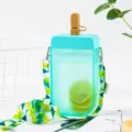 Cute popsicle shaped water bottle with strap, portable plastic straw cup for students daily use. - 300ml / Lake Blue
