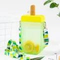 Cute popsicle water bottle with strap, aesthetic plastic straw cup for students and travel. - 300ml / Lemon Yellow