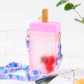 Cute popsicle shaped water bottle with strap, pink plastic straw cup for students and travel. - 300ml / Pink