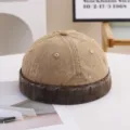 Macro shot of a retro two-tone washed cotton brimless skull cap for street style - 55-58cm / Color Block Style / Khaki