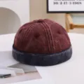 Detailed view of a retro maroon and dark blue washed denim brimless skull cap docker hat - 55-58cm / Color Block Style / Red