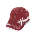 Vintage washed baseball cap with white side embroidery, distressed brim and contrast stitching. - H Wine Red