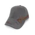 Detail view of the vintage grey baseball cap with brown contrast stitching and side embroidery. - H Gray