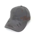 Detail of distressed washed grey baseball cap with brown contrast stitching and side embroidery. - Style B Grey