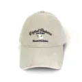 Macro detail view of a vintage stone-washed khaki baseball cap featuring cute sheep embroidery - Lamb Beige Gray / Adult 56-60cm
