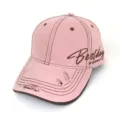Pink distressed baseball cap detail featuring side embroidery and contrast brown stitching. - Style B Pink
