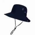 Detailed side view of navy blue outdoor bucket hat showing eyelets and adjustable strap - Adult 55-58cm / Metal Button Style / Navy Blue