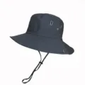 Detailed view showing the wide brim and chin strap of a grey men's sun bucket hat - Adult 55-58cm / Metal Button Style / Gray