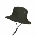 Macro side view of olive green men's sun protection bucket hat with adjustable chin strap - Adult 55-58cm / Metal Button Style / Army Green