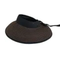 Detail view of a black and brown striped foldable straw sun visor with a stylish bow - Adult 55-58cm / Coffee