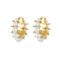 Detail view of gold-tone French vintage hoop earrings with elegant white pearls and crystals - Gold Semi-Circular Artificial Pearl Earrings (E2740 Gold)