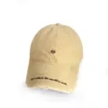 Detailed view of khaki baseball cap with Life is short embroidery and distressed brim - Heart Khaki / Adult 56-60cm
