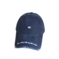 Detailed macro view of white embroidery and distressed brim on navy blue baseball cap. - Heart Navy / Adult 56-60cm