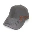 Vintage distressed baseball cap with brown side embroidery and classic curved brim style. - Gray (N)